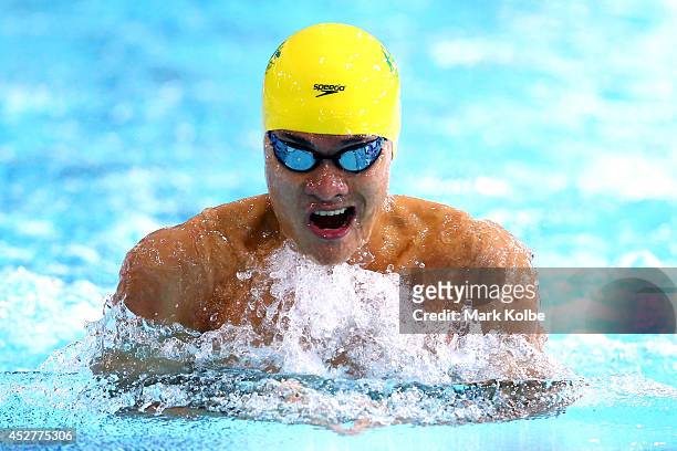 Kenneth To of Australia competes in the Men's 50m Breaststroke Heat 3 at Tollcross International Swimming Centre during day four of the Glasgow 2014...