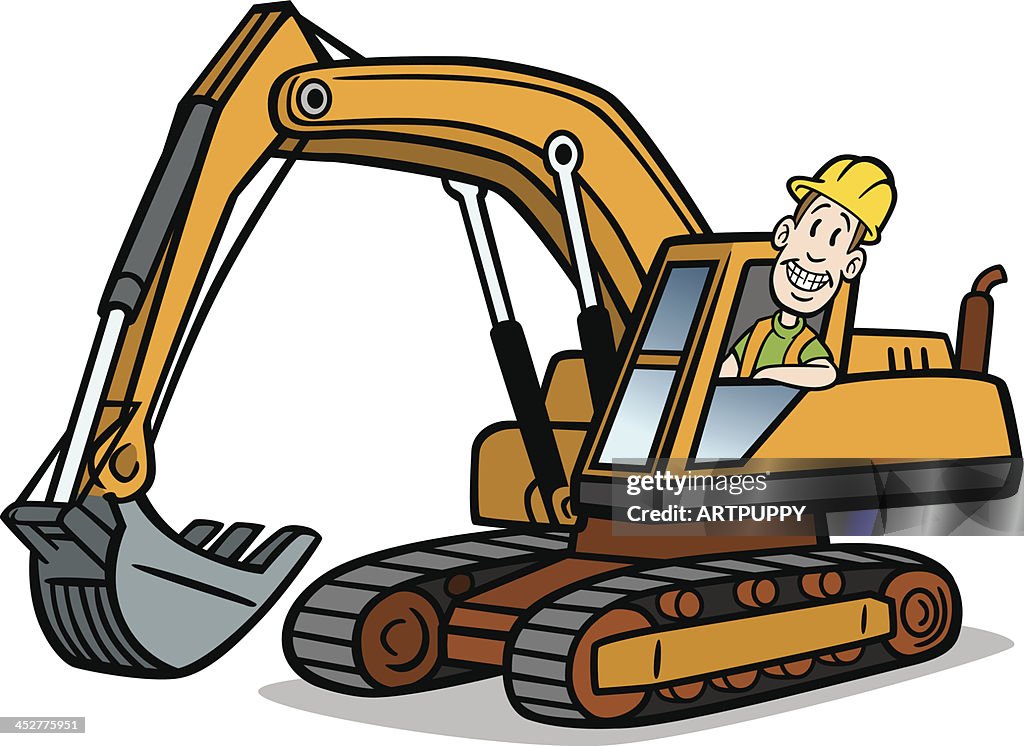 Cartoon Guy On Excavator