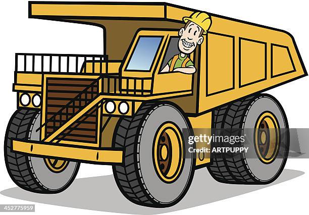 cartoon guy driving dump truck - dump truck cartoon stock illustrations