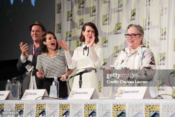 Producer Tim Minear, actors Emma Roberts, Sarah Paulson and Kathy Bates attend the "American Horror Story: Coven" panel at Comic-Con International on...