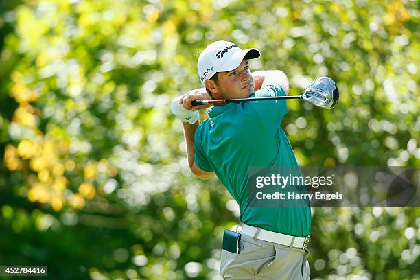 Sam Hutsby of England tees off at the fifth on day four of the M2M Russian Open at Tseleevo Golf & Polo Club on July 27, 2014 in Moscow, Russia.