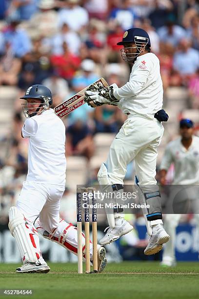 Gary Ballance of England plays through the offside as wicketkeeper MS Dhoni of India looks on during day one of the 3rd Investec Test match between...