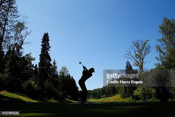 Thomas Pieters of Belgium tees off at the twelfth on day four of the M2M Russian Open at Tseleevo Golf & Polo Club on July 27, 2014 in Moscow, Russia.