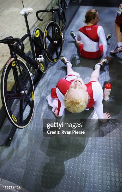 Sophie Thornhill and Helen Scott of England celebrate after winning Gold in the Women's 1000m Time Trial B2 Tandem at Sir Chris Hoy Velodrome during...