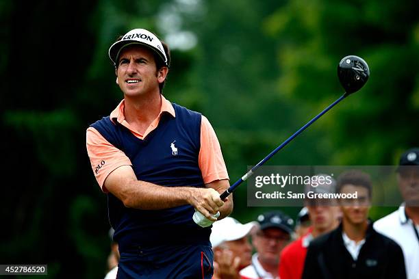 Gonzalo Fernandez-Castano of Spain tees off on the third hole during the final round of the RBC Canadian Open at the Royal Montreal Golf Club on July...
