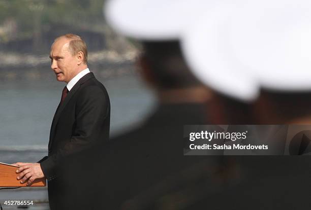 Russian President Vladimir Putin attends a Navy Day Military parade July 27, 2014 in Severomorsk. Putin is having a visit to Northern Fleet main...