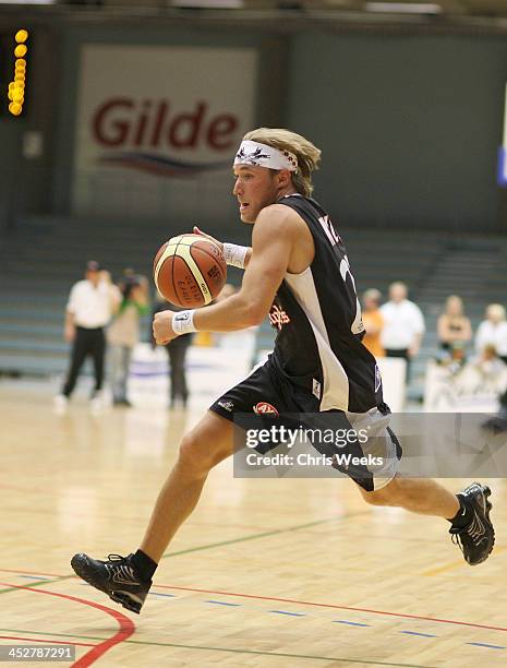 Actor Kyle Lowder participates in the charity basketball game as part of the Hollywood Knights Norway Tour on August 14, 2008 in Bergen, Norway.