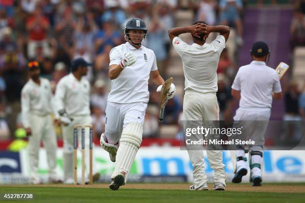 Gary Ballance of England celebrates reaching his century during day one of the 3rd Investec Test match between England and India at the Ageas Bowl on...