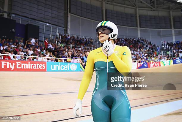 Anna Meares of Australia reacts after she was defeated by Stephanie Morton of Australia in the Women's Sprint Final at Sir Chris Hoy Velodrome during...