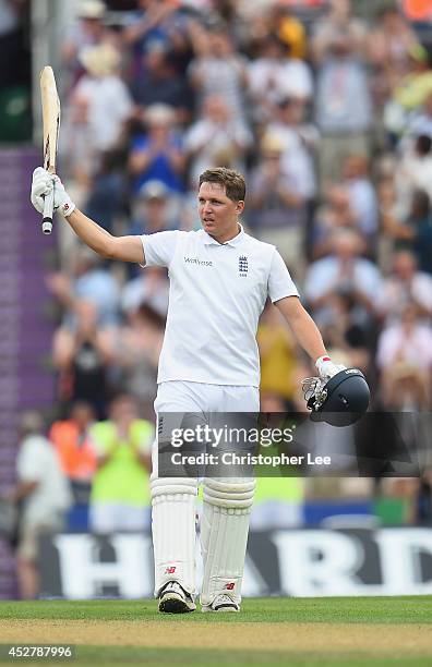 Gary Ballance of England celebrates scoring his century during Day 1 of the 3rd Investec Test match between England and India at the Ageas Bowl on...