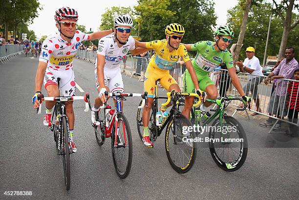 Rafal Majka of Poland and Tinkoff-Saxo King, Thibaut Pinot of France and FDJ.fr, Vincenzo Nibali of Italy and Astana Pro Team and Peter Sagan of...