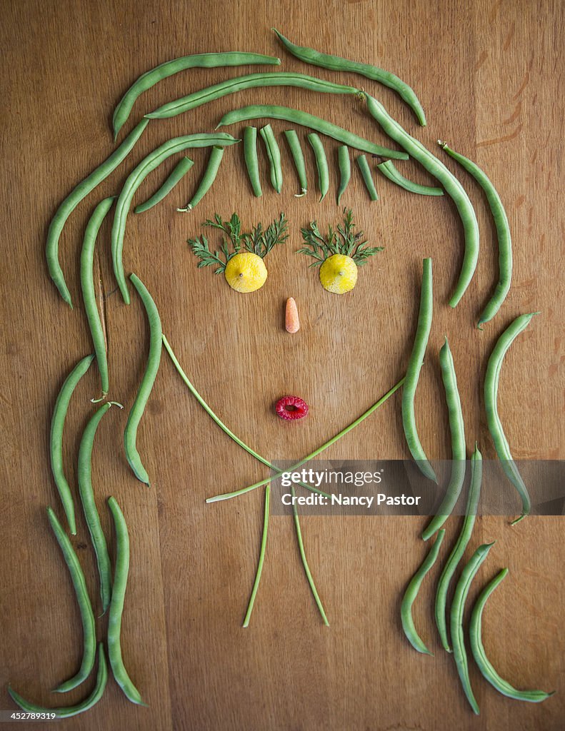 Facial illustrations made from vegetables and frui