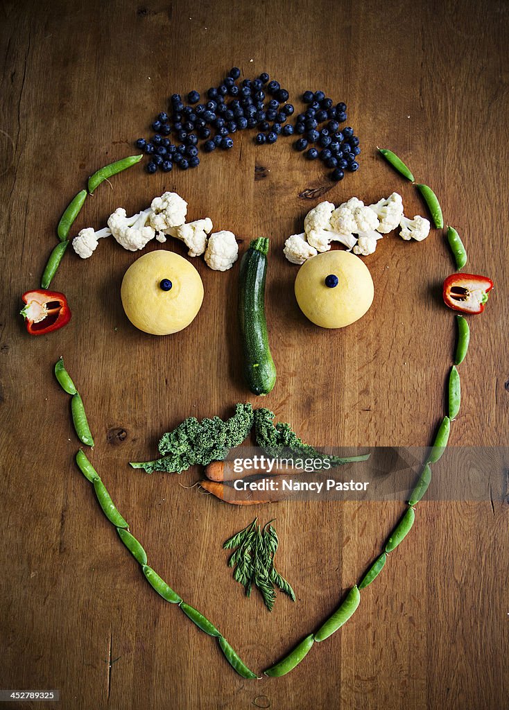 Facial illustrations made from vegetables and frui