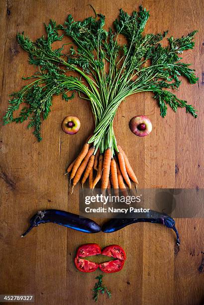 facial illustrations made from vegetables and frui - nancy green stock pictures, royalty-free photos & images