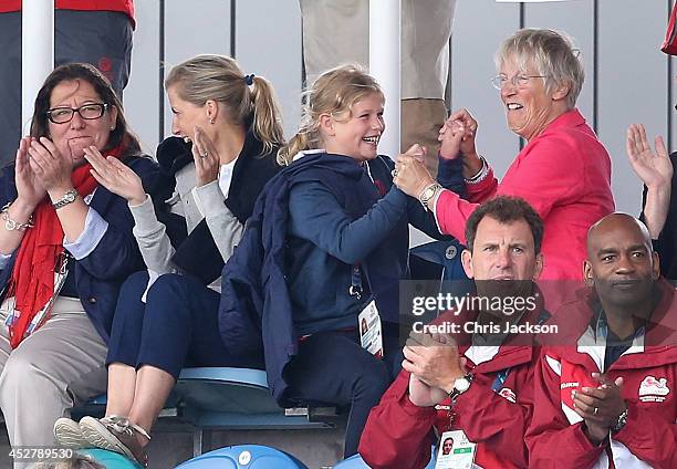 Sophie, Countess of Wessex and Lady Louise Windsor watch England against Malaysia at the Glasgow International Hockey Centre during the Commonwealth...