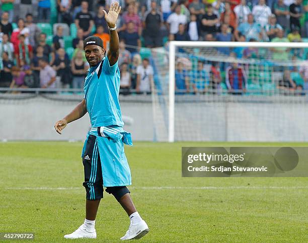 Didier Drogda of Chelsea waves to the fans after the Pre Season Friendly match between FC Olimpija Ljubljana and Chelsea at Stozice stadium in...