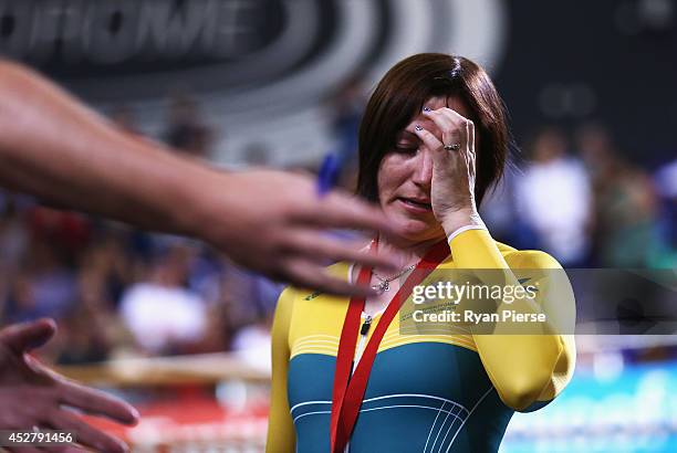 Anna Meares of Australia reacts on the podium after she was defeated by Stephanie Morton of Australia in the Women's Sprint Final at Sir Chris Hoy...