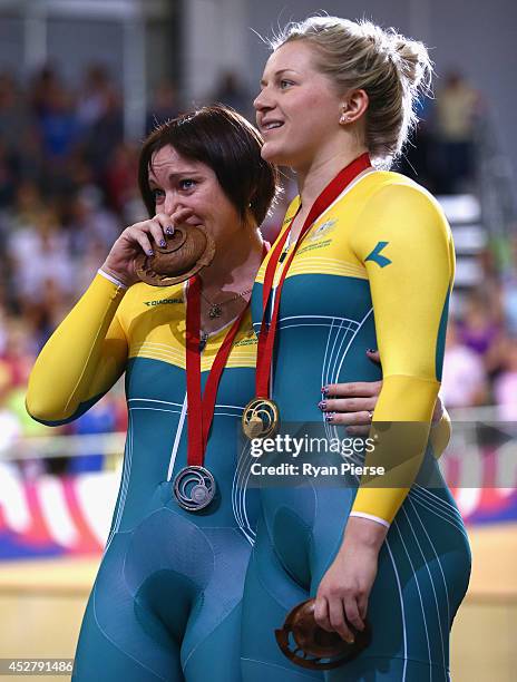 Anna Meares of Australia reacts on the podium after she was defeated by Stephanie Morton of Australia in the Women's Sprint Final at Sir Chris Hoy...