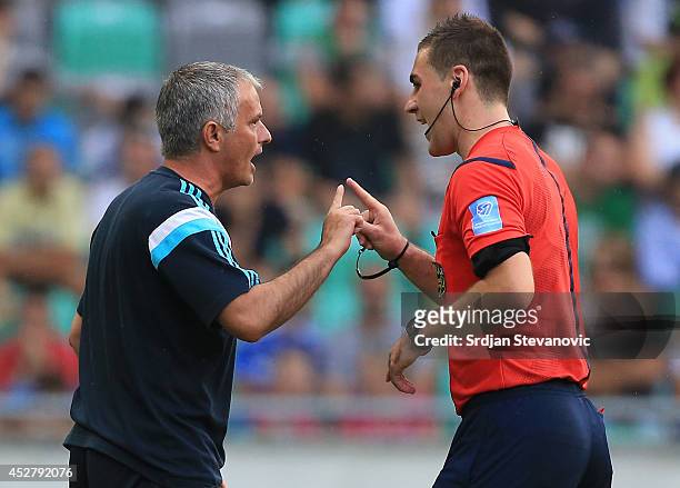 Team manager of Chelsea Jose Mourinho argues with the referee during the Pre Season Friendly match between FC Olimpija Ljubljana and Chelsea at...