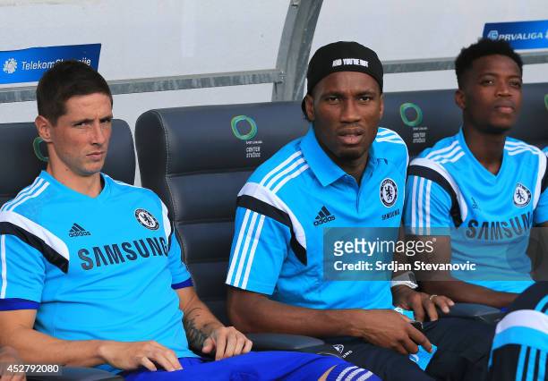 Didier Drogba and Fernando Torres of Chelsea looks on prior the Pre Season Friendly match between FC Olimpija Ljubljana and Chelsea at Stozice...