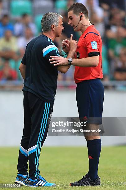 Team manager of Chelsea Jose Mourinho argues with the referee during the Pre Season Friendly match between FC Olimpija Ljubljana and Chelsea at...