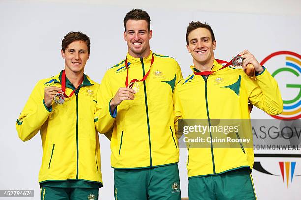 Gold medallist James Magnussen of Australia poses with silver medallist Cameron McEvoy of Australia and bronze medallist Tommaso D'Orsogna of...