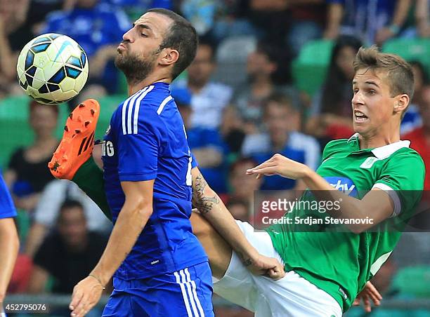 Cesc Fabregas of Chelsea is challenged by Nik Kapunik of Olimpija Ljubljana during the Pre Season Friendly match between FC Olimpija Ljubljana and...