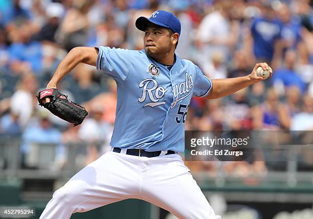 Bruce Chen of the Kansas City Royals throws in the first inning against the Cleveland Indians at Kauffman Stadium on July 27, 2014 in Kansas City,...