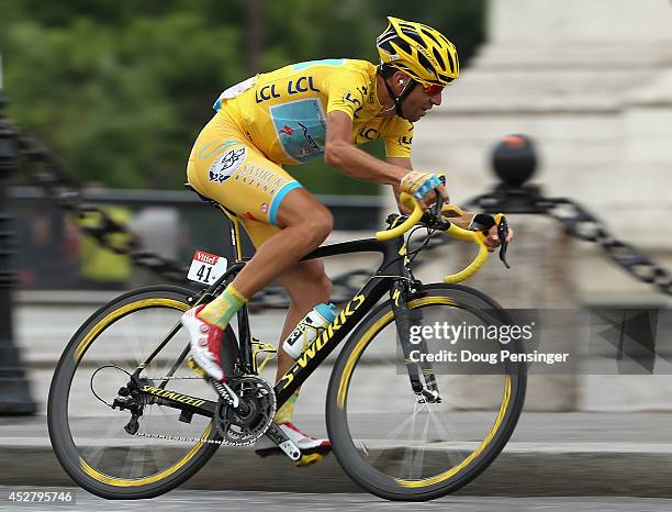 Vincenzo Nibali of Italy and Astana Pro Team in action during the twenty first stage of the 2014 Tour de France, a 138km stage from Evry into the...