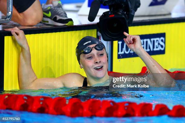 Siobhan O'Connor of England celebrates winning the gold medal in the Women's 200m Individual Medley Final at Tollcross International Swimming Centre...