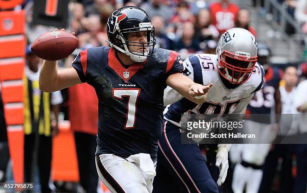 Case Keenum of the Houston Texans looks to pass in the second half during the game against the New England Patriots at Reliant Stadium on December 1,...
