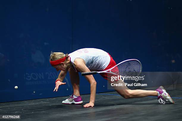 Alison Waters of England loses her racket as she attemts to play a forehand during the Women's Singles semi-final match between Alison Waters of...