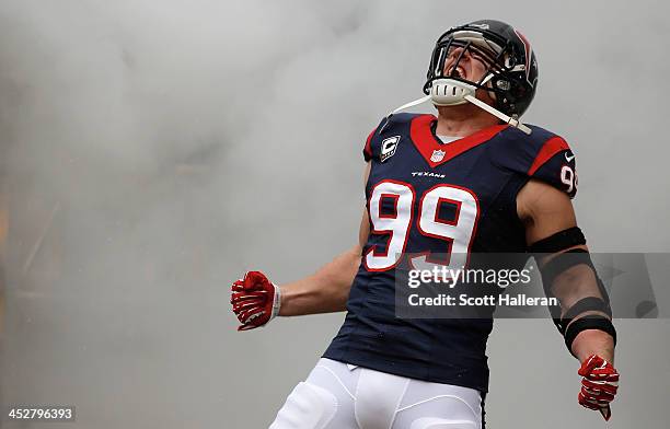 Watt of Houston Texans enters the field before the game against the New England Patriots at Reliant Stadium on December 1, 2013 in Houston, Texas.