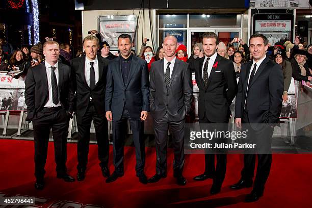 Paul Scholes, Phil Neville, Ryan Giggs, Nicky Butt, David Beckham and Gary Neville attend the world premiere of "The Class of 92" at Odeon West End...