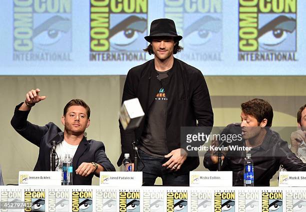 Actors Jensen Ackles, Jared Padalecki and Misha Collins attend CW's "Supernatural" Panel during Comic-Con International 2014 at San Diego Convention...