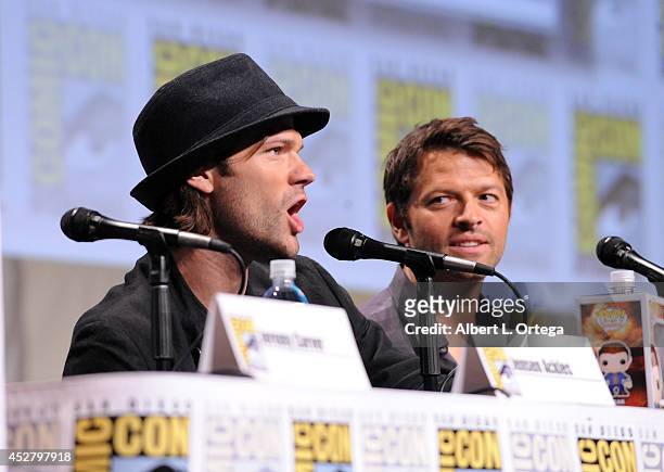 Actors Jared Padalecki and Misha Collins attend CW's "Supernatural" Panel during Comic-Con International 2014 at San Diego Convention Center on July...