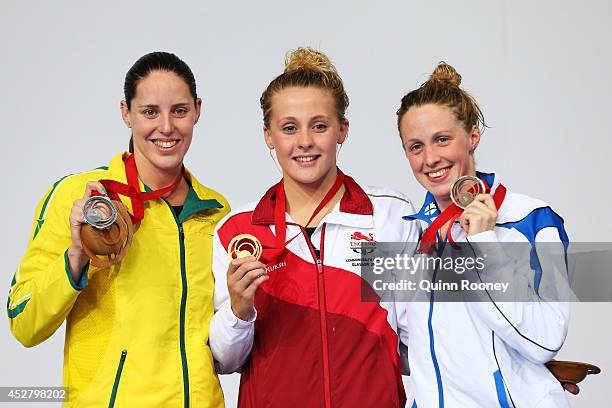 Gold medallist Siobhan O'Connor of England poses with silver medallist Alicia Coutts of Australia and bronze medallist Hannah Miley of Scotland...