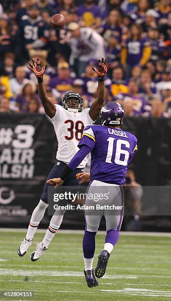 Zack Bowman of the Chicago Bears attempts to block the pass from Matt Cassel of the Minnesota Vikings on December 1, 2013 at Mall of America Field at...