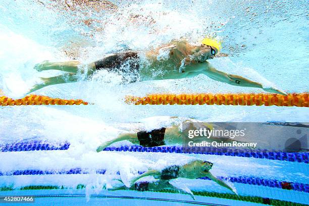 James Magnussen of Australia competes in the Men's 100m Freestyle Final at Tollcross International Swimming Centre during day four of the Glasgow...