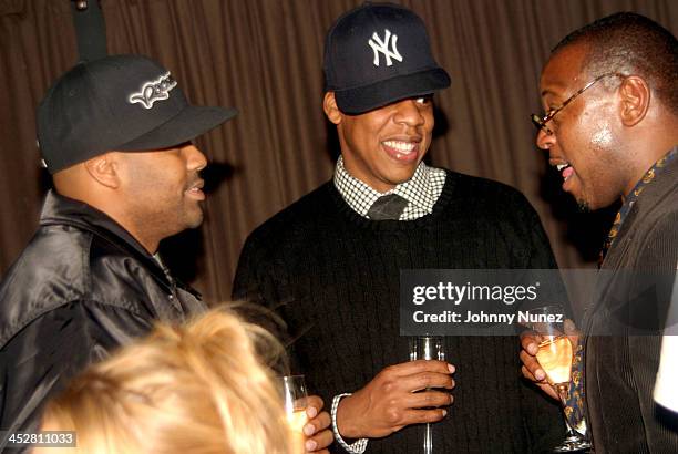 Damon Dash, Jay-Z and Andre Harrell during Sean P. Diddy Combs' Surprise 35th Birthday Party at Figa in New York City, New York, United States.