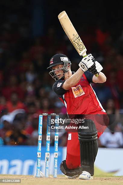 Kevin O'Brien drives during a match between The Trinidad and Tobago Red Steel and St. Lucia Zouks as part of the week 3 of Caribbean Premier League...