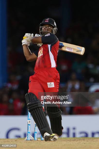 Evin Lewis bats during a match between The Trinidad and Tobago Red Steel and St. Lucia Zouks as part of the week 3 of Caribbean Premier League 2014...