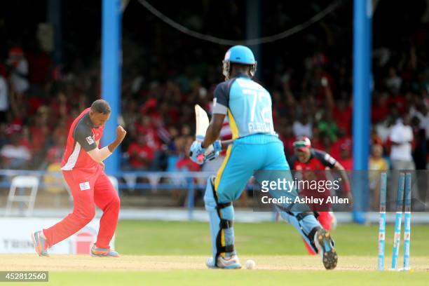 Samuel Badree bowls Andre Fletcher during a match between The Trinidad and Tobago Red Steel and St. Lucia Zouks as part of the week 3 of Caribbean...