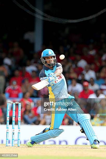 Keddy Lesporis hits a six during a match between The Trinidad and Tobago Red Steel and St. Lucia Zouks as part of the week 3 of Caribbean Premier...