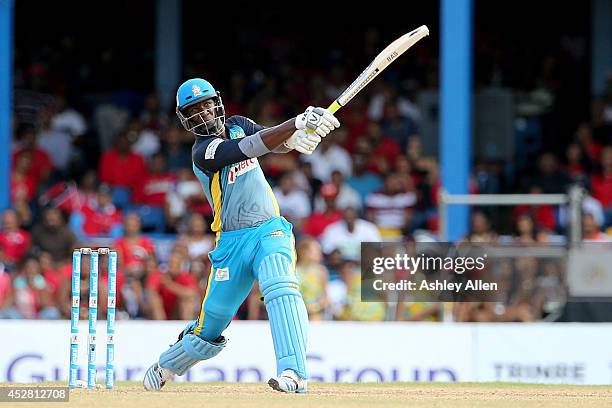 Darren Sammy sends the ball into the crowd for a six during a match between The Trinidad and Tobago Red Steel and St. Lucia Zouks as part of the week...