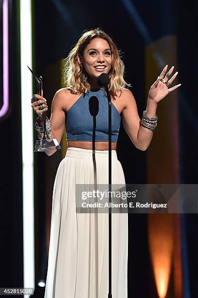 Honoree Vanessa Hudgens speaks onstage at the 2014 Young Hollywood Awards brought to you by Samsung Galaxy at The Wiltern on July 27, 2014 in Los...