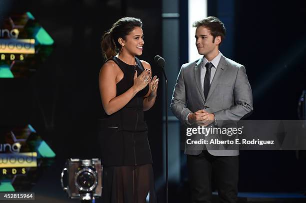 Actors Gina Rodriguez and Nathan Kress speak onstage at the 2014 Young Hollywood Awards brought to you by Samsung Galaxy at The Wiltern on July 27,...