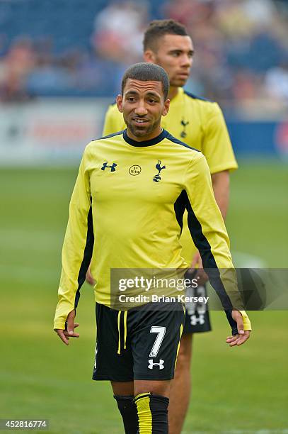 Aaron Lennon of Tottenham Hotspur warms up before the game against the Chicago Fire at Toyota Park on July 26, 2014 in Bridgeview, Illinois....