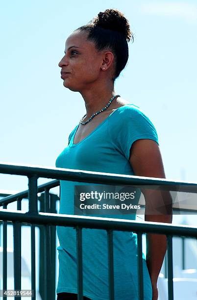 Olympic gold medalist Joanna Hayes is seen on the podium for the women's 4X100m hurdles medals ceremony during day six of the IAAF World Junior...