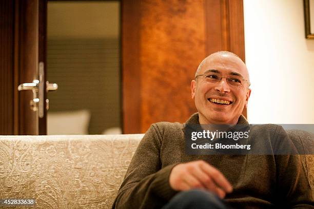 Mikhail Khodorkovsky, former oil tycoon and main owner of Yukos Oil Co., reacts during a Bloomberg interview at the Hotel Adlon in Berlin, Germany,...